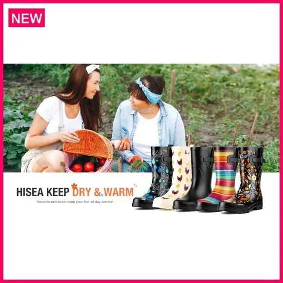 Women's Rubber Rain Boots Mid-Calf Waterproof Anti-Slip Garden Chelsea